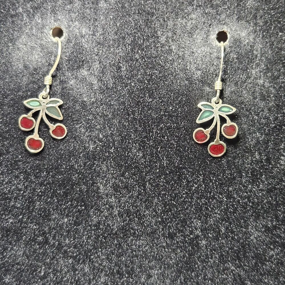 Vintage Sterling Silver Red And Green Enamel Dainty Dangling Cherry Earrings